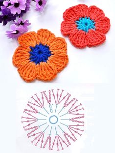 three crocheted flowers sitting on top of a white table next to each other