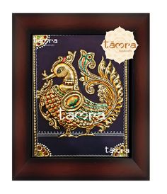 an ornate gold and purple painting in a wooden frame with the words tajora on it