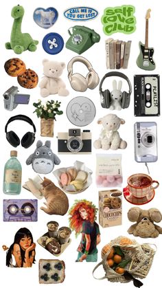 a collage of various items that include headphones