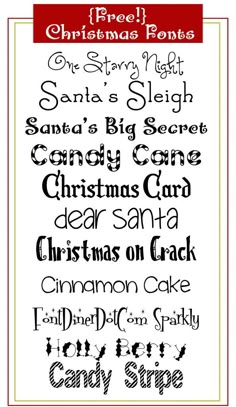 christmas font and numbers with the words santa's sleigh, santa's big secret, candy cane, christmas carol