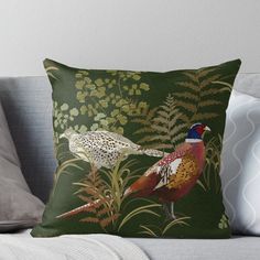 two pheasants in the grass on a dark green background throw pillow by artdeco