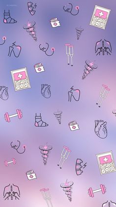 an image of various medical symbols on a purple and blue background with pink hues