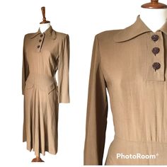 Lovely vision of a vintage dress. So classic and versatile for your vintage closet Metal zipper  1940s Approximately size small With garment laying flat: (Double for circumferences) Shoulder to shoulder: 16 in Bust: 18 in Waist: 13.5 in Hips: 23 in (loose a- line skirt)  Length: 45 in  Small hole in back as pictured Beige Long Sleeve Vintage Dress For Formal Occasions, Beige Vintage Dress For Fall, Classic Fall Vintage Dress For Workwear, Vintage Semi-formal Fall Dresses, Classic Vintage Dress For Fall Workwear, Classic Vintage Dress For Work In Fall, Vintage Semi-formal Dresses For Fall, Beige Long Sleeve Retro Vintage Dress, Fall Vintage Brown Dress