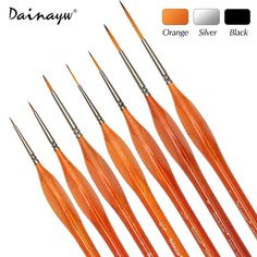 six orange colored brushes with different sizes and colors on each one, in the same set