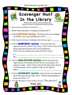 the scavenger hunt in the library worksheet for students to practice reading