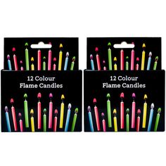 two packs of candles with different colored candles on the front and back of each package