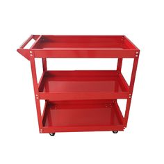 a red metal shelf with three shelves on each side and two wheels to the bottom