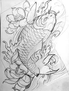 a drawing of a koi fish with flowers on it's back and wings