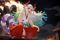 a woman sitting on top of a wooden bench in front of a blazing sky and fire