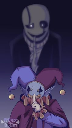 an animated image of a creepy clown holding onto a person's head in front of a dark background