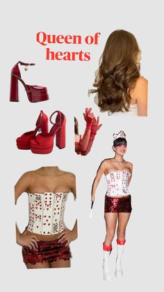 the queen of hearts costume is shown with high heels and red shoes on her feet