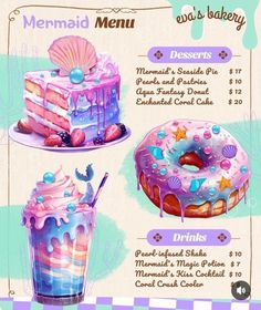 the menu for mermaid desserts is shown in purple and blue colors, with pink frosting