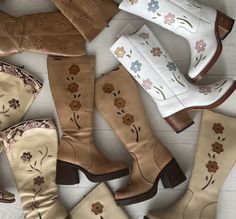 Platform boots, flower boots and many more. I will communicate a date for the drop through my Instagram: Dreamynomads. Flower Boots, Casual Country Outfits, Vintage Mustang, Floral Boots, Shoe Inspo, Swag Shoes, Vintage Boots, Cowboy Western, Western Cowboy Boots