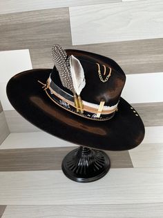 Unique Cowboy Hats, Black High Crown Felt Hat With Adjustable Fit, Black Adjustable High Crown Hats, Adjustable Black High Crown Hat, Adjustable High Crown Black Hat, Custom Black High Crown Hat, Black High Crown Fedora For Rodeo, Black Flat Crown Hat For Western-themed Events, Custom Festival Hat With Flat Crown