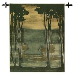 a painting with trees and water in the background on a wall hanging from a metal rod