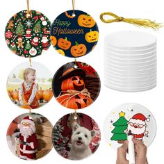 a bunch of plates that have some pictures on them with santa clause and pumpkins