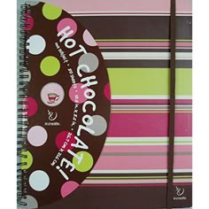 a pink and brown notebook with polka dots on it