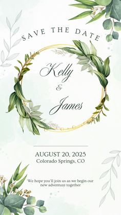 save the date card with watercolor leaves and greenery in gold frame on white background