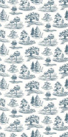 a blue and white wallpaper with trees in the background, all drawn by hand