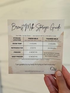 a person holding up a small piece of paper that says, breast milk storage guide