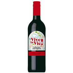 a bottle of wine that is on a white surface with a red cap and the words vive de vie