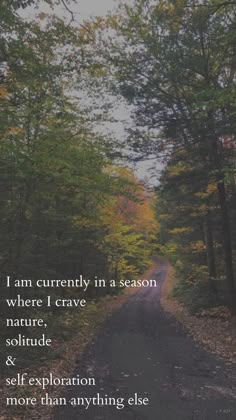 A winding autumn road with a quote about solitude and nature Nature Soul Quotes, Serenity Quotes Nature, Peaceful Morning Quotes, Quotes About Nature And Peace, Solitudeness Wallpaper, Solitary Life Aesthetic, Peacful Nature Wallpaper, Solitudeness Quotes Aesthetic, Solitudeness Quotes