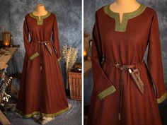 The dress has simple medieval cut with long sleeves, loose and comfortable. The historical pattern - an important element when playing historical realities, especially Vikings or Slavs. Put on your cloak and travel back to the Middle Ages. Hunting, ancient legends, the warmth of the hearth and our dress will give you an unforgettable experience. The simple cut of the dress allows you to move freely, as well as boldly add accessories to the dress. The dress will perfectly fit into the basic wardr Viking Underdress, Medieval Dress Pattern, Gaun Abad Pertengahan, Viking Garb, Medieval Garb, Viking Dress, Viking Costume, Viking Clothing, Dress Trims