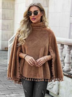 Full Size Turtleneck Tassel Hem Poncho – Body By J'ne Trendy Fringe, Elegant Coats, High Neck Designs, Khaki Fashion, Long Sleeve Outerwear, Cape Coat, Poncho Cape, Style Tops, Long Sleeves Coats