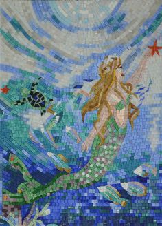 Glass Mosaic - Mermaid Mosaic Puglia House, Mosaic Mermaid, Nautical Mosaic, Mermaid Mosaic, Swimming Pool Mosaics, Glass Mermaid, Sea Glass Mosaic, Human Figures, Green Mermaid