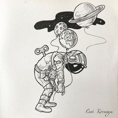 a black and white drawing of a boy in space with an alien on his back