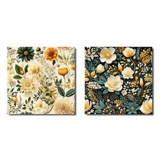 two paintings with flowers and leaves on them