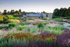 a garden with lots of different types of flowers and plants in front of a house