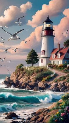 a painting of a lighthouse with seagulls flying over it