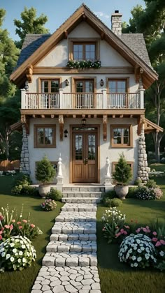 a small house with stone steps leading to the front door and porches on either side