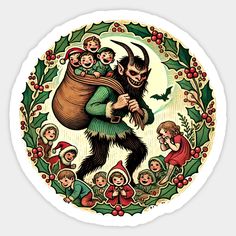 an old fashioned christmas card with a demon carrying children