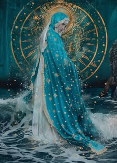 a painting of a woman in blue and white with stars on her head, standing in the water