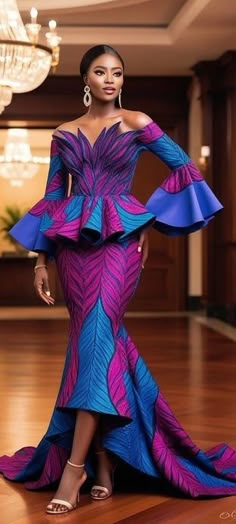 Credit: African Glamour Guess Wedding Dresses, African Long Dress, African Prints Styles, African Glamour, Modern African Print Dresses, Kitenge Dress, Couples Fashion, Styles Ankara, Best African Dresses