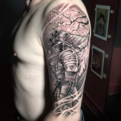 Korean Samurai Tattoo, Japanese Dojo Tattoo Design, Ronin Tattoo Ideas, Sumari Warrior Tattoo, Samari Warrior Tattoo, Realistic Samurai Tattoo, Samari Tattoos For Men, Samurai With Dragon Tattoo, Japanese Tattoos Samurai