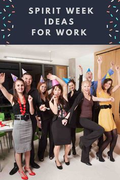 a group of people standing in front of a wall with confetti on it and the words spirit week ideas for work