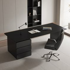 an office desk with black leather chairs and bookshelves