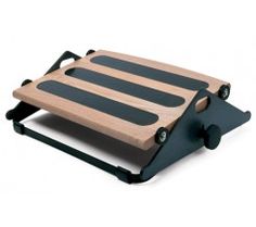 a wooden cutting board with black handles and wheels on the bottom, sitting on a white surface