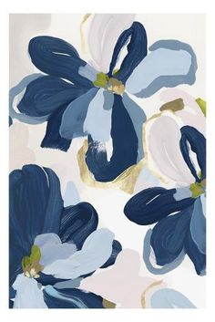 an abstract painting with blue and white flowers