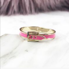 Pink Enamel Gold Belt Bracelet. Has 3 Holes For Adjustable Closure. Perfect Piece For Any Arm Candy Collection. Diameter Measures Approximately 2.5” X 2” And 0.25" In Height Chic Adjustable Pink Bracelets, Chic Adjustable Pink Bracelet, Chic Pink Bracelets For Party, Pink Bangle Jewelry, Candy Collection, Gold Belt, Gold Belts, Pink Enamel, Fancy Jewelry