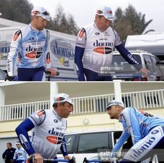 two men in blue and white cycling uniforms