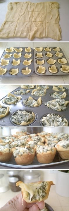 there are several different pictures of food in the muffin tins, and one is filled with spinach