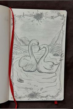 an open book with two swans in the water and one is holding it's beak