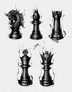 some kind of chess set up on a white paper with black ink and pen drawing