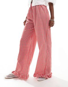 ASOS DESIGN gingham pants with frill hem in red | ASOS Casual Gingham Pants For Summer, Casual Cotton Bottoms With Ruffle Hem, Gingham Cotton Pants, Casual Gingham Cotton Bottoms, Casual Ruffled Pants For Loungewear, High Waist Cotton Pants With Ruffles, Casual Wide Leg Gingham Bottoms, Casual Gingham Wide Leg Bottoms, Summer Wide Leg Plaid Bottoms