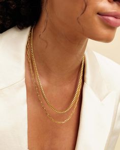 Introducing our best-selling chain stack: The Cuban Link + Paperclip Chain in gold. These modern chain link styles complement each other beautifully, and at a bundled discount they make the perfect gift for yourself or someone you love. Both chains are 18 inches in length and include a two-inch chain extension to create a stunning stack. JAXXON Women's Cuban Link + Paperclip Gold Chain Stack | 18"/18" (With 2" Extenders) Solid Gold Chains, Silver Shop, Cuban Link, Cuban Link Chain, Gold Necklace Layered, Pendant Bracelet, Men's Rings, Chain Pendants, Paper Clip