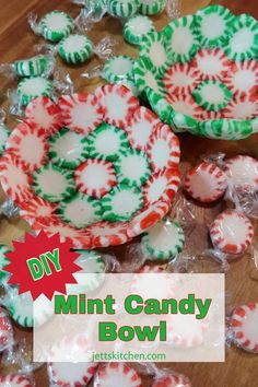 some candy canes are sitting on top of each other and the words diy mint candy bowl